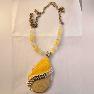 KC Necklace Pendant Signed Yellow & White Swirl Enamel Beads